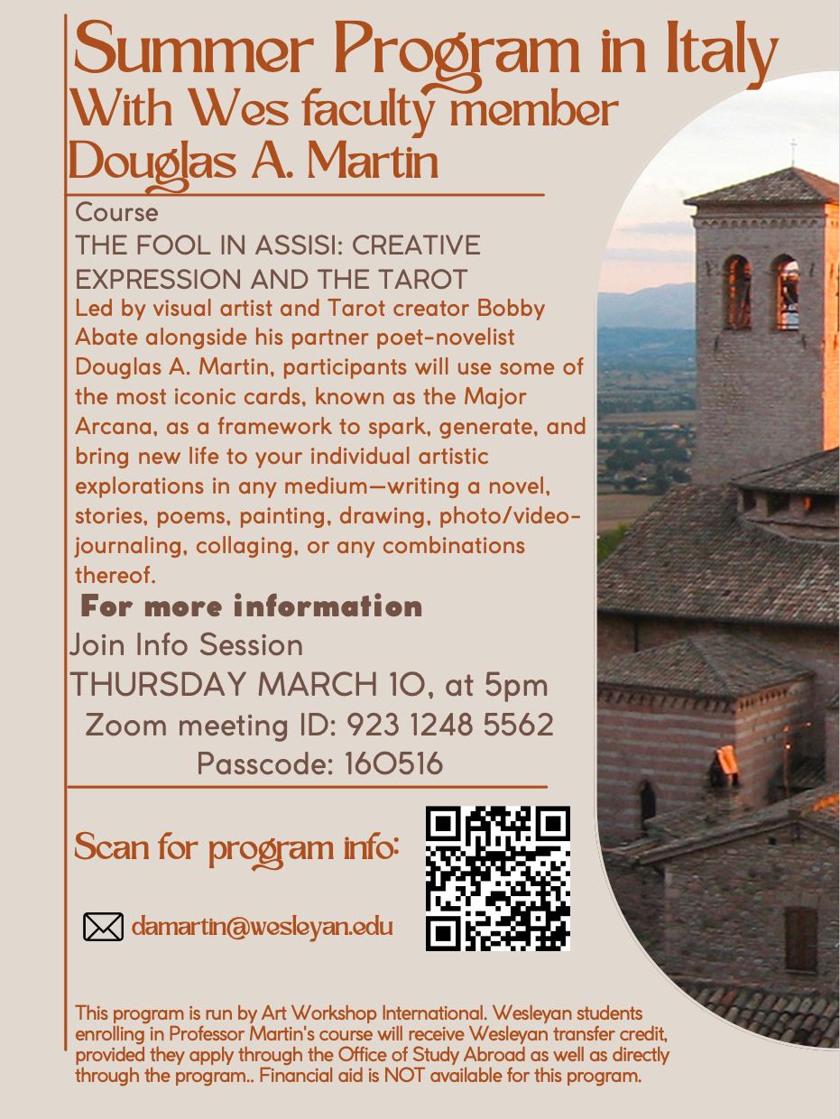 Summer Program in Italy with Prof Douglas Martin. Info Session 3/10 5pm via Zoom 923 1248 5562 passcode 160516